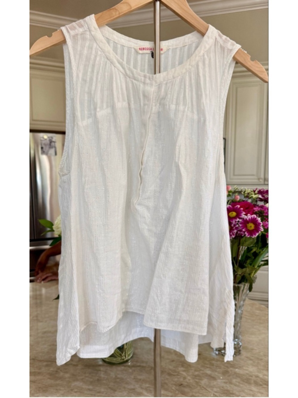 Rebecca Taylor White Silver Metallic Tank Top blouse 10A line shape,